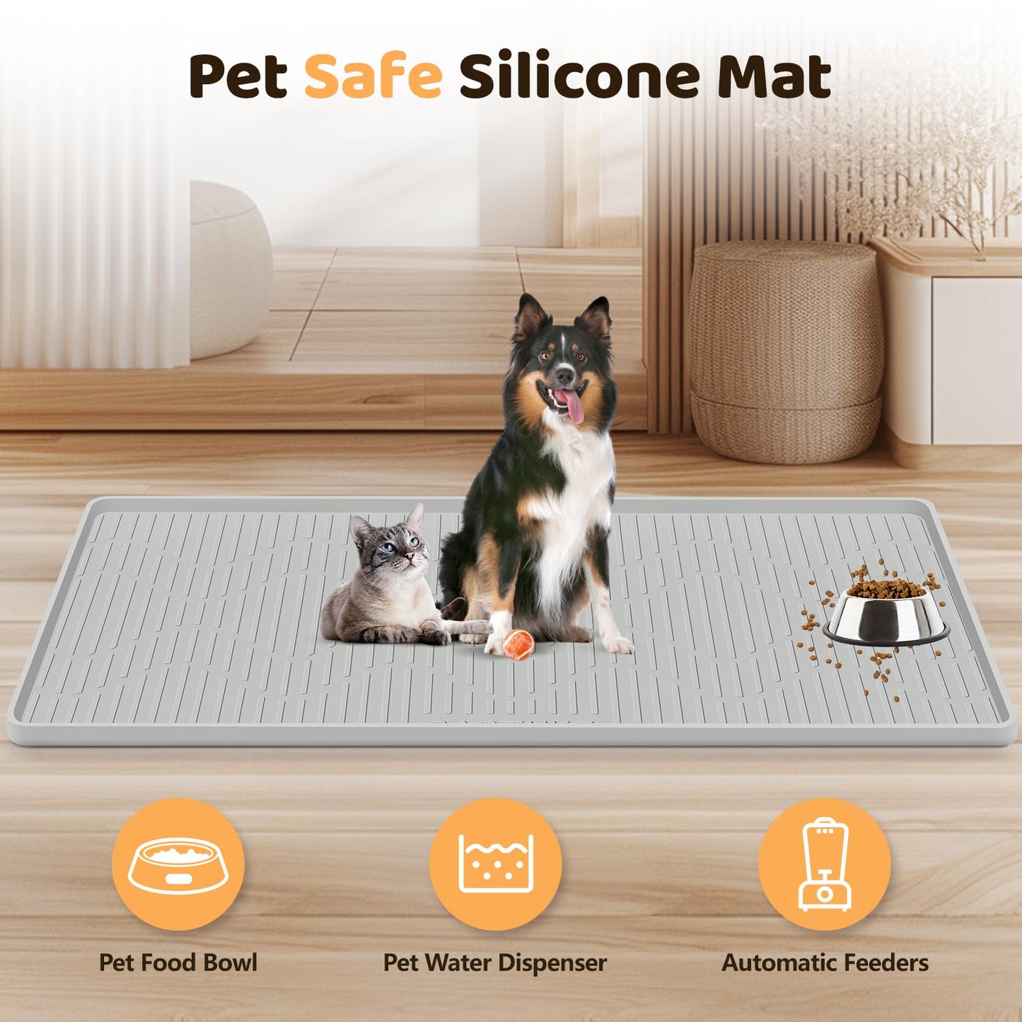 Bartuke Silicone Cat & Dog Food Mat, 24" x 24" Large Pet Feeding Mat for Cats and Dogs Bowl, Pet Placemat for Food and Water with Raised Edge, Waterproof, Leakproof (Grey)