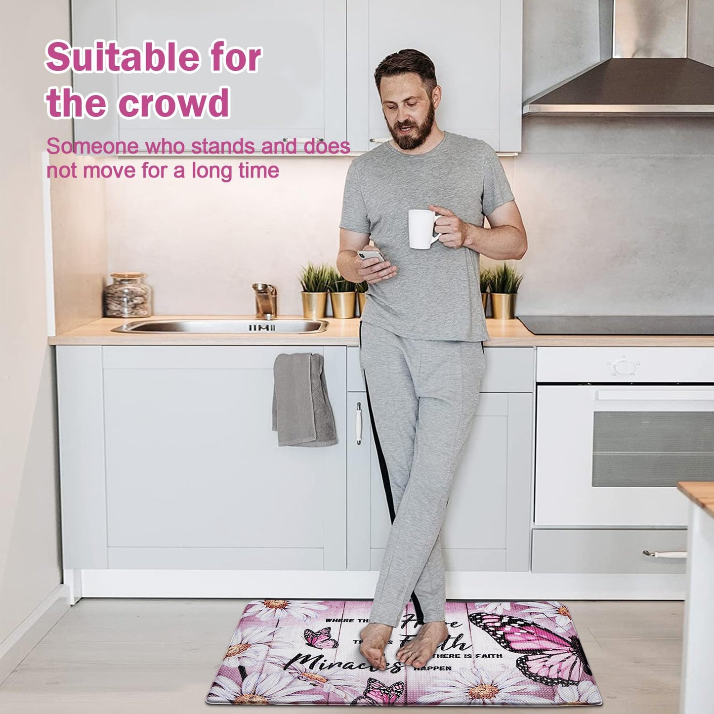 Likiyol Butterfly Kitchen Rugs Sets of 2 Kitchen Mats for Floor Farmhouse Anti Fatigue Mats for Kitchen Floor, Daisy Floral Kitchen Rugs Non Slip Washable Comfort Mat, 18'' x 30''+18'' x 48'', Pink