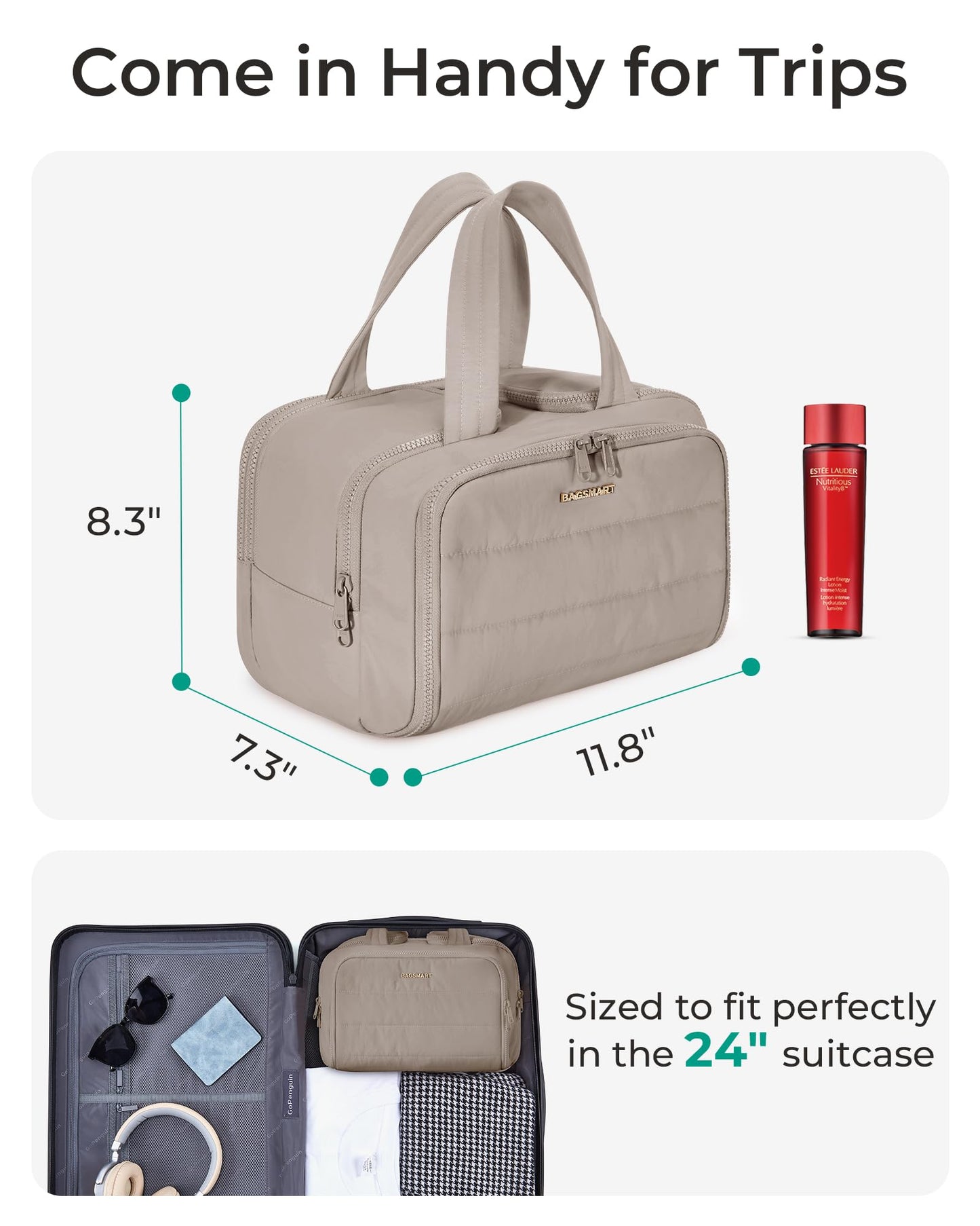 BAGSMART Travel Toiletry Bag, Crush Toiletry Bag for Women, Wide-open Puffy Toiletry Bags for Traveling, Large Travel Cosmetic Makeup Bag Organizer for Accessories,Toiletrie, Grayish Brown