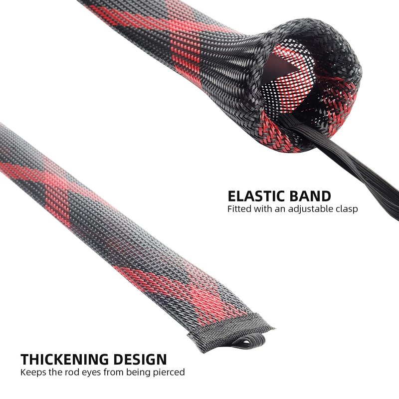 SF XXL Fishing Casting Rod Socks Braided Mesh Rod Sleeve Cover Protector Pole Gloves Black-Red-2PCS Fit Baitcast as Musky Rod or Fly Rod