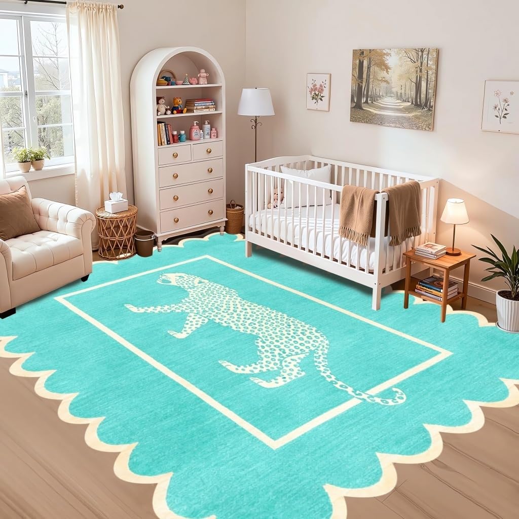Cheetah Print Rugs 3x5 Faux Wool Washable Scalloped Edge Rug for Living Room Bedroom Apartment Non Slip Stain Resistant Leopard Carpet Modern Chic Dining Room Nursery Office Easy Clean Mat Teal Blue
