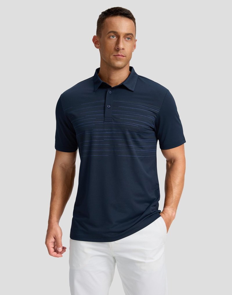 Men's Golf Shirts Dry Fit Moisture Wicking Performance Short Sleeve Collared Polo Shirts for Casual Tennis Bussiness (Navy Coloured Lines, XL)