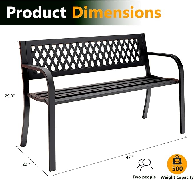 Outdoor Bench, Garden Patio Park Entryway Metal Bench with Comfortable Backrest, Sturdy Heavy Duty Loveseat Front Porch Backyard Lawn Furniture for Outside