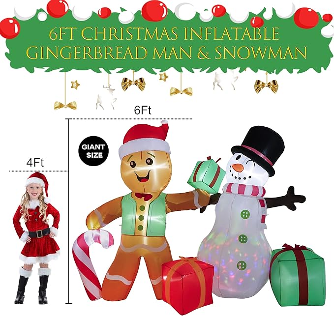 6FT Christmas Inflatables Outdoor Decorations, Giant Gingerbread Man & Snowman with Built-in Rotating LED Lights, Holiday Yard Decor for Lawn Garden Patio Party (Gingerbread Man Snowman)