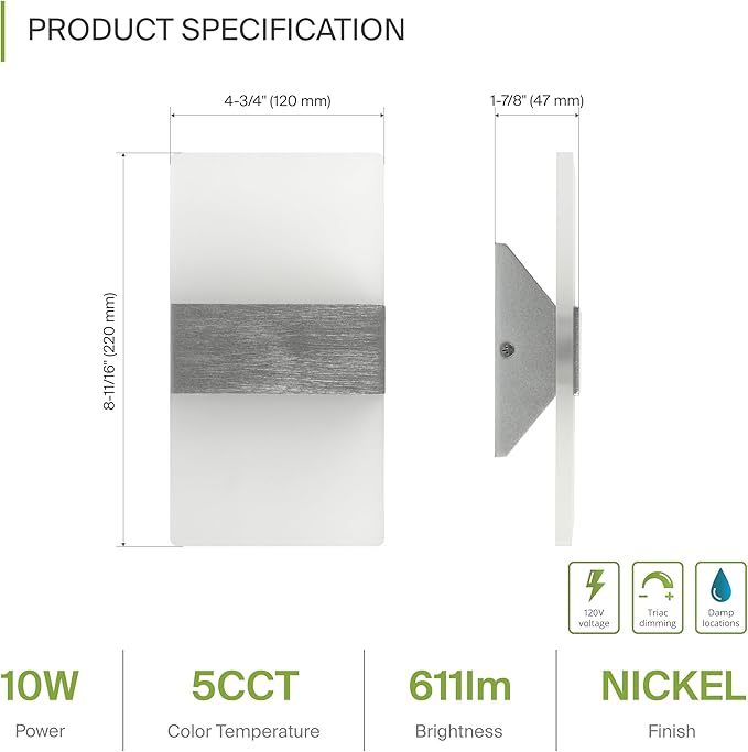 ASD 8 Inch LED Indoor Wall Sconce - Modern Interior 10W 120V 2700K-5000K Adjustable Dimmable Wall Mounted Light Fixtures, Acrylic Glass Wall Lights for Stairway, Hallway - ETL, Brushed Nickel 2 Pack