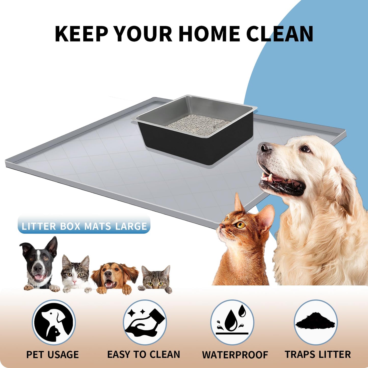 Cat Mat for Litter Box, Large 35" X 22" Cat Litter Mat, Indoor Waterproof Silicone Litter Trapping Pad for Floor, Soft on Kitty Paws, Easy to Clean, Non-Slip, Gray