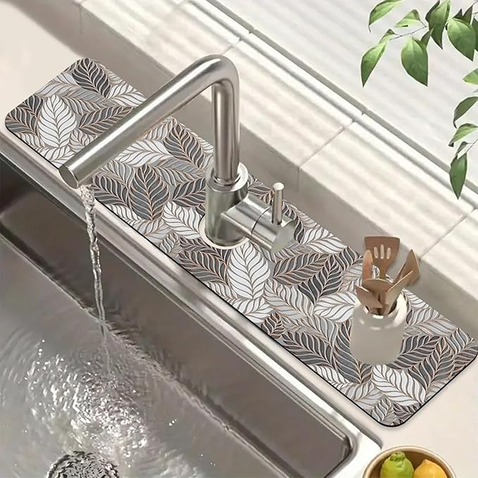 Embossed Leaf Texture Sink Faucet Absorbing Mat Grey Leaf Super Absorbent Fast