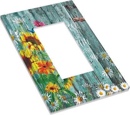 Turquoise Rustic Vintage Wood Planks Sunflower Butterfly Single Rocker/Decora Light Switch Plate Decorative 1 Gang Outlet Cover Faceplate GFCI Electrical Receptacle Wallplate Dimmer for Home Decor