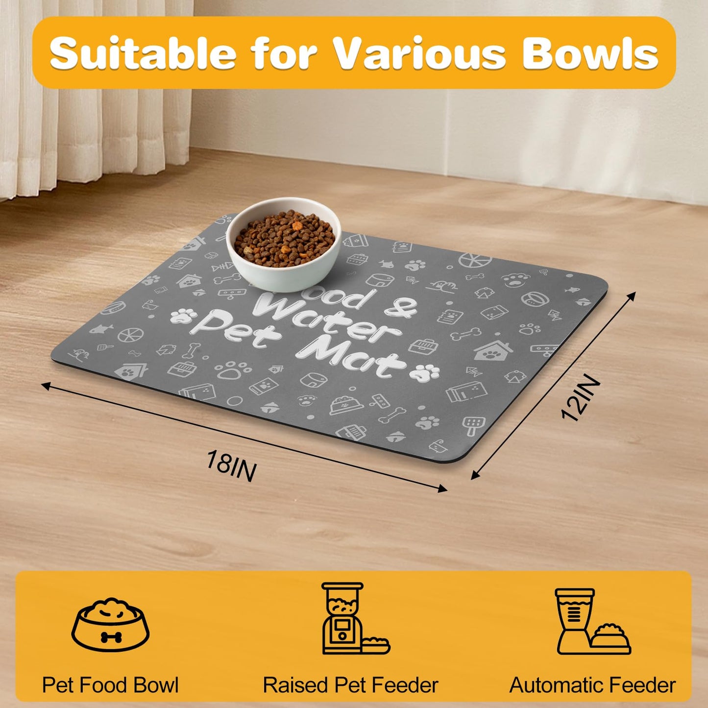 Pet Feeding Mat,Dog Cat Mat for Food and Water,Dog Bowl Waterproof Placemat with Rubber Backing,Absorbent Quick Dry Water Dispenser Mat for Pet（Dark Gray 12"×18"）