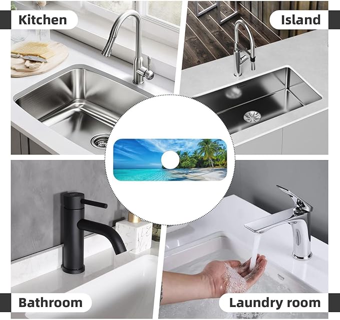Beach Tropical Palm Tree Waves Travel Island Kitchen Sink Splash Guard Faucet