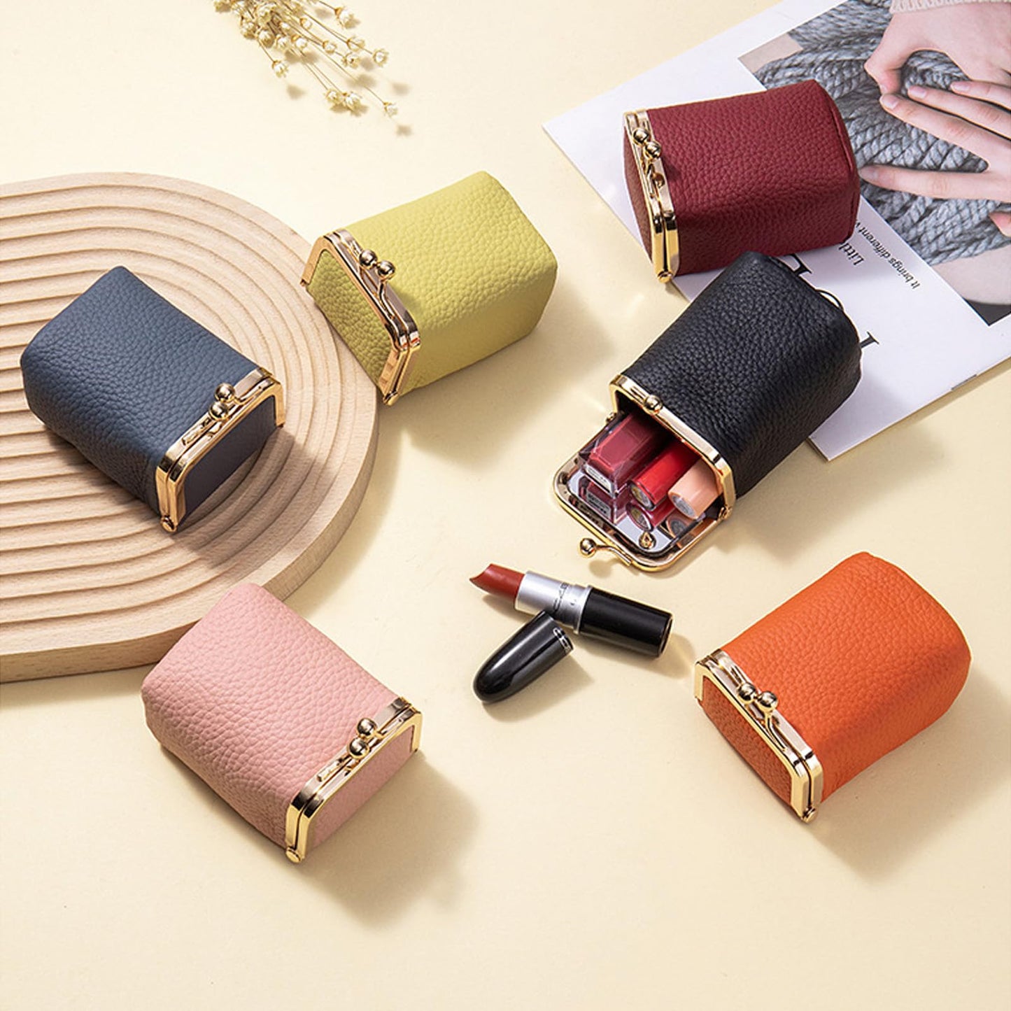 Axcvveiyi Genuine Leather Lipstick Case with Mirror, Travel Mini Durable Soft Cosmetic Bag for Women,Retro Kiss Lock Toiletry Bag Suitable Daily Touch-up (Wine Red)