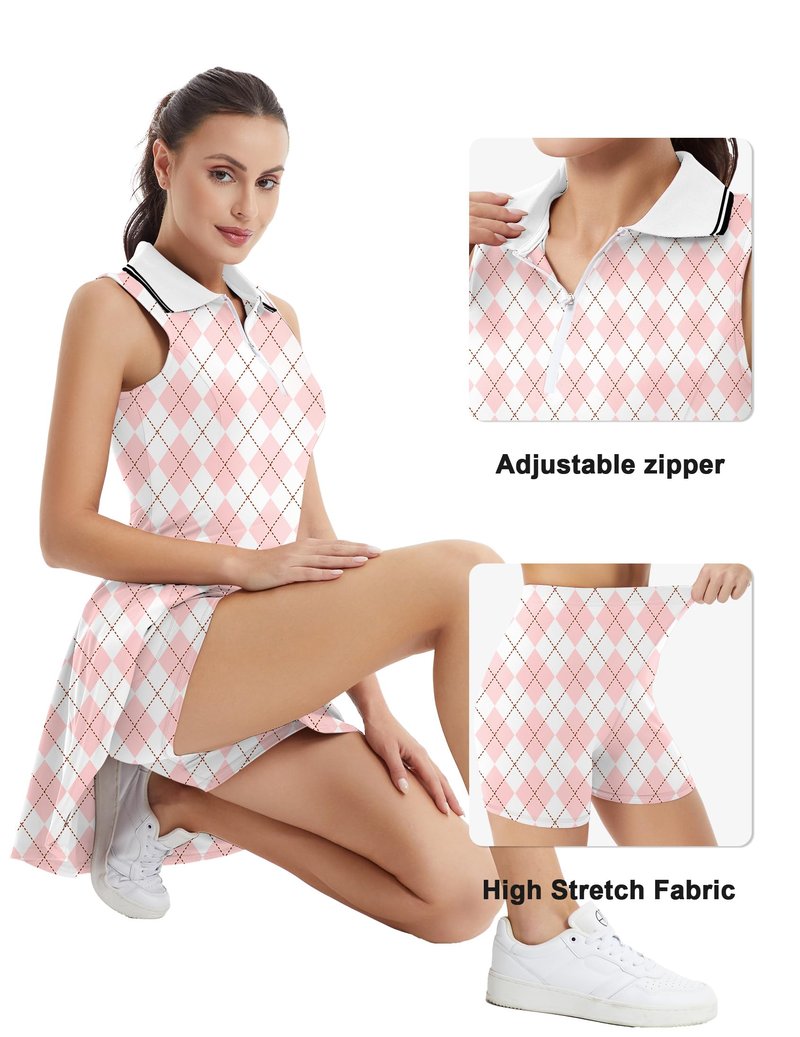 FKEEP Women's Tennis Golf Dress Sport Activewear Workout Athletic Zipper V-Neck with Shorts and Pocket (Pink Checkered, XXL)