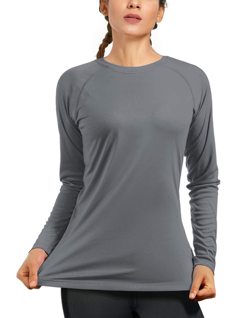 isnowood Women's Sun Protection Long Sleeve Shirts, UPF 50+ UV Rash Guard Swim Shirt, Workout Hiking Running Athletic Tops Gray