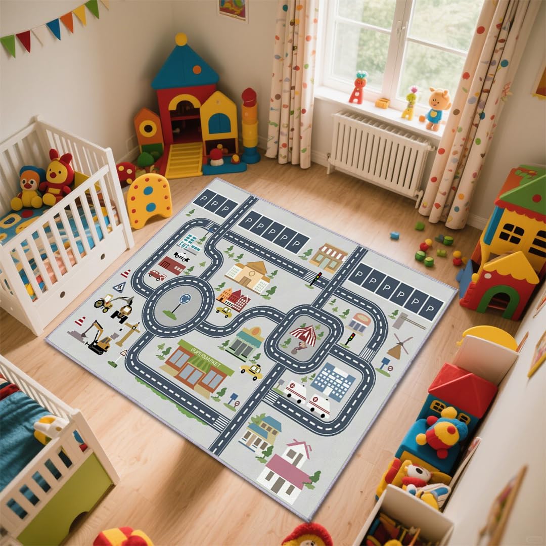 HOJOMACA Kids Rug Mat Carpet 5×7ft, Car Rugs for Kids Toy Cars, Non Slip Floor Mats for Children, Educational Area Play Rugs for Children's Playroom Bedroom
