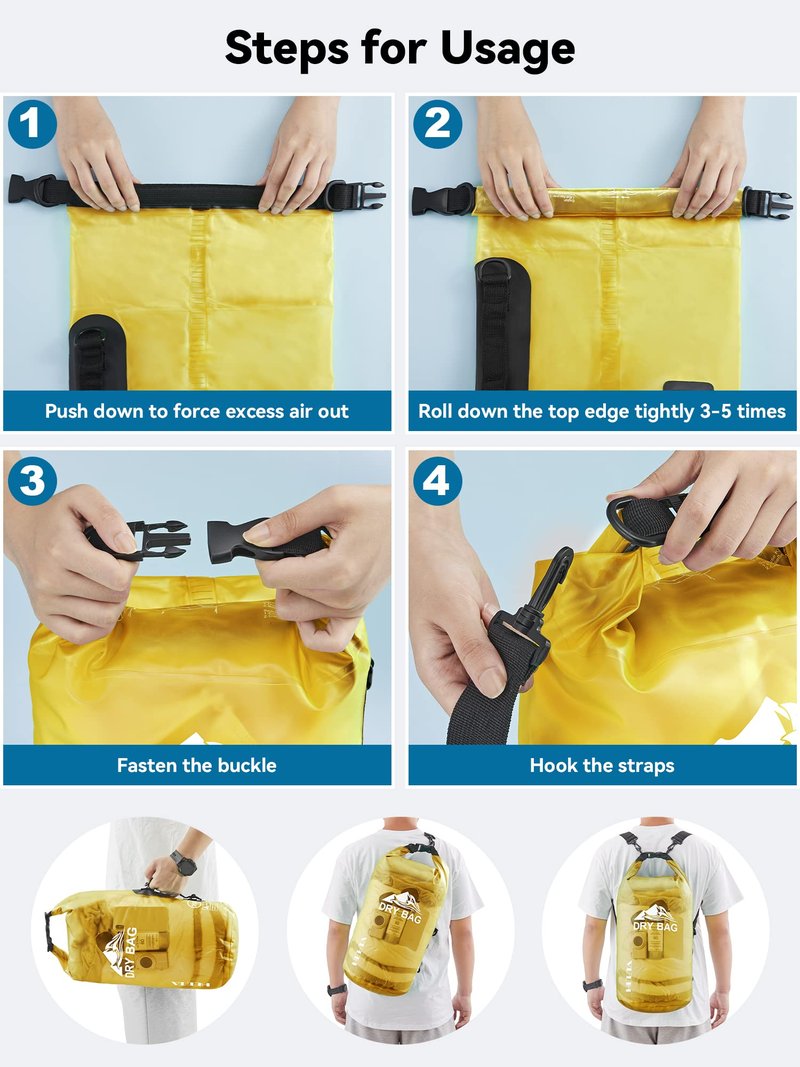 HEETA Dry Bag Waterproof for Women Men, Roll Top Lightweight Dry Storage Bag Backpack with Phone Case for Travel Swimming Boating Kayaking Paddle Board Camping Beach Accessories (Yellow, 10L)