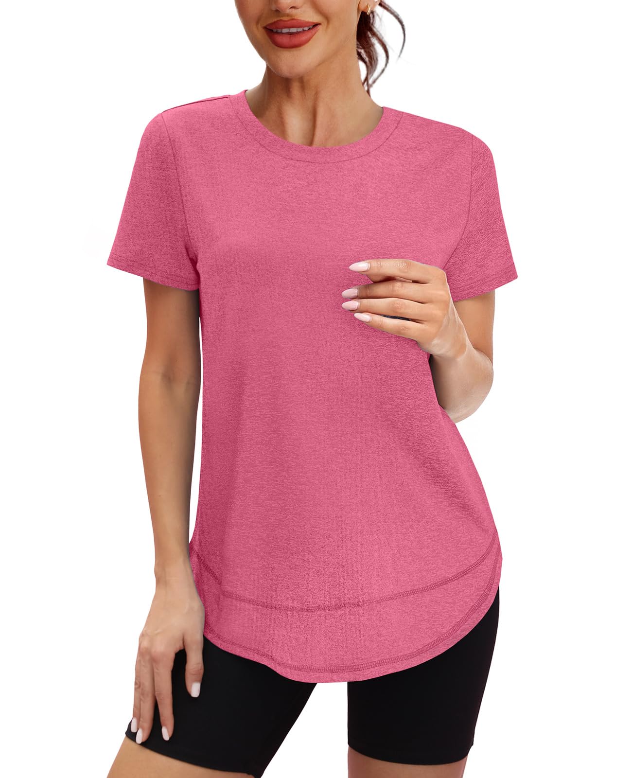 Short Sleeve Shirts for Women Workout Yoga Tops Sun Protection Clothing Summer Outfits Rash Guard Side Slit Red XL