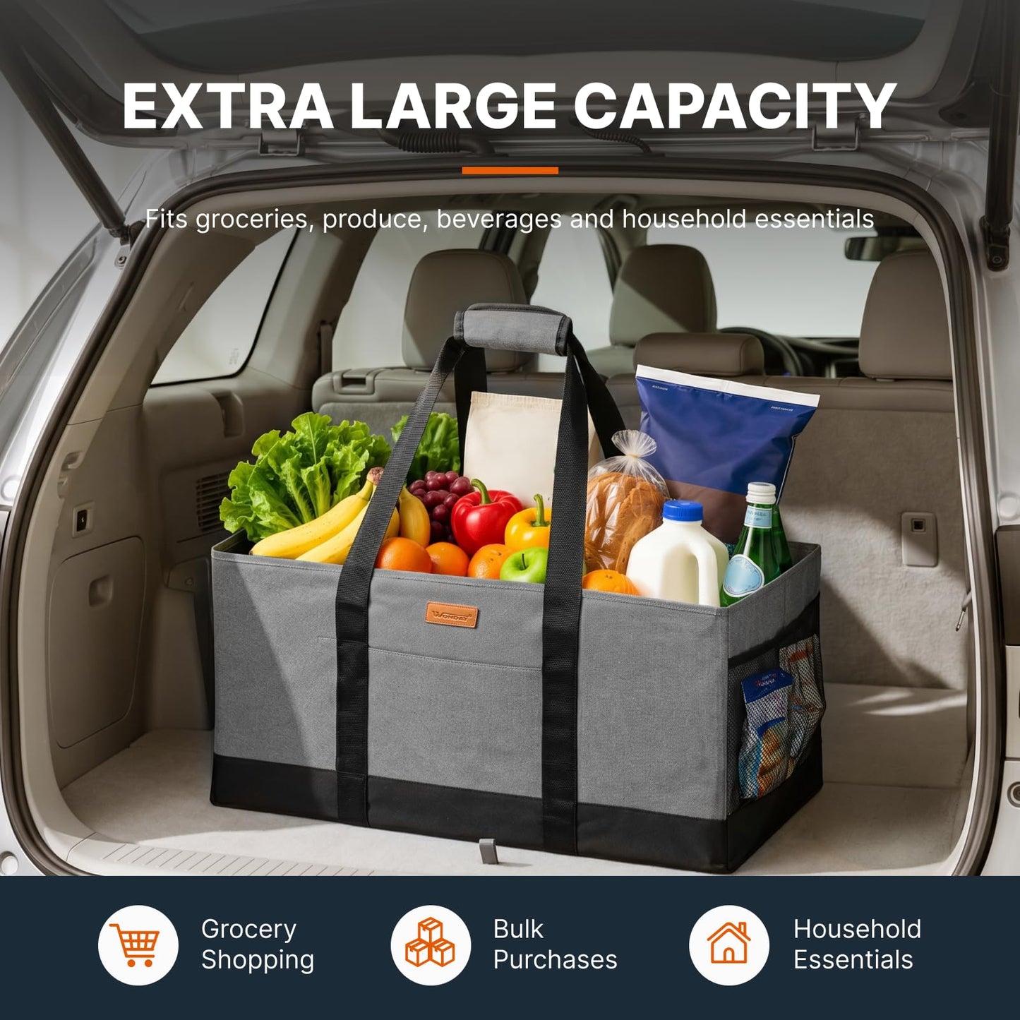 WONDAY Extra Large Foldable Grocery Tote Bag With Handles for Storage, Picnics, Beach, Pool, Laundry - Reusable Shopping Bag (Grey)