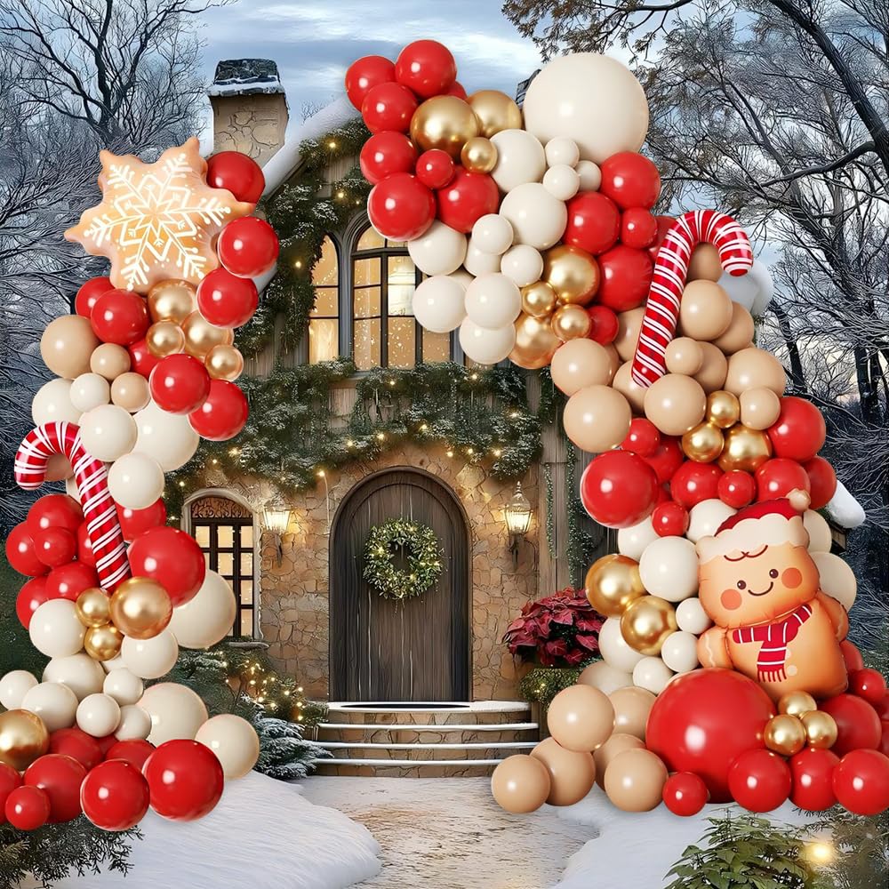135Pcs Christmas Balloon Garland Arch Kit, Red White Metallic Gold Latex Balloons with Gingerbread Candy Cane Snowflake Foil Balloons for Christmas New Year Winter Holiday Birthday Party Decorations