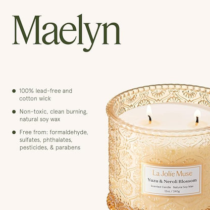 LA JOLIE MUSE Yuzu & Neroli Blossom Candle - Yuzu, Orange Blossom, Cedarwood | 12 oz Large 2-Wick Soy Wax Candle | 60 Hours Clean Burn | Citrus Scented Candle | Elegant Home Décor