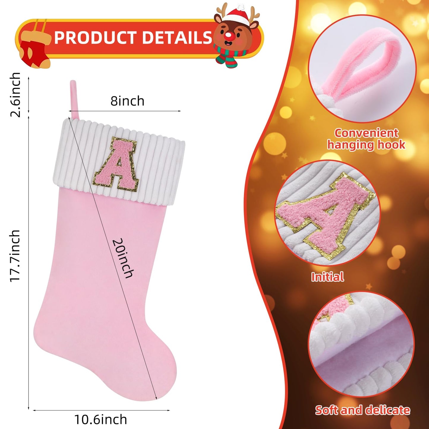 Shgngle 20 Inches Letter Embroidered Christmas Stocking,Personalized Pink Velvet Christmas Stocking,Family Holiday Decorations and Xmas Gift(O)
