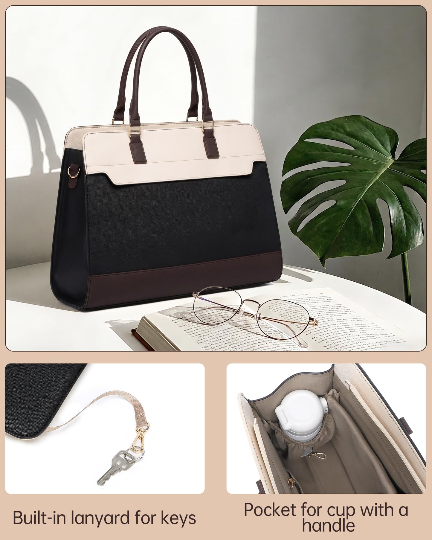 Laptop Bag for Women, 3PCS Vegan Leather Tote Bag for Work with 2 Shoulder Straps, Teacher Purse Office Handbag Computer Briefcase Gifts