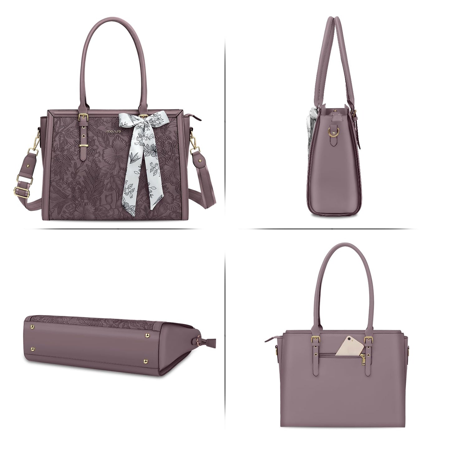 MOSISO Laptop Bag for Women, 17-17.3 inch PU Leather Tote Bag Compatible with MacBook, HP, Dell, Asus Notebook, Front Embossed Retro Hibiscus Computer Bags with Silk Scarf&Clutch Purse, Slate Purple