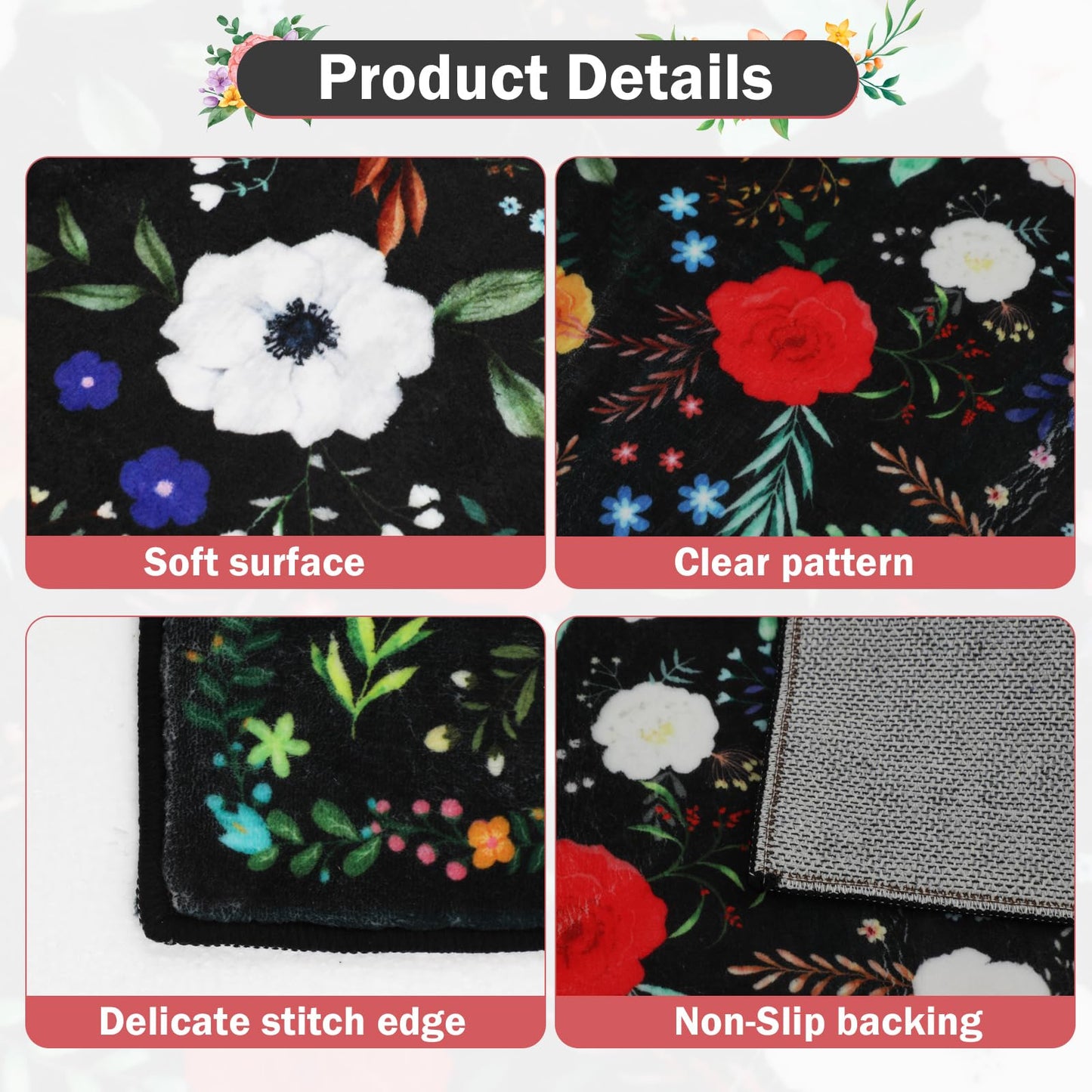 PCSWEET HOME Floral Kitchen Rug Sets 3 Piece, Washable Kitchen Mats for Floor Non Slip Soft Thick Kitchen Floor Mat Carpet Runner Rugs for Hallway Laundry Room, Black