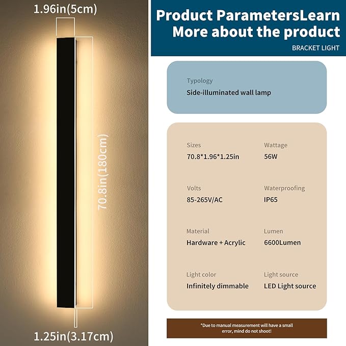 71inch Modern Outdoor Wall Light, 3000K-6000K Dimmable Outside Wall Sconce, Black Exterior Lighting Fixture, IP65 Waterproof Linear Long Garage Lights for Porch Patio with Remote Control