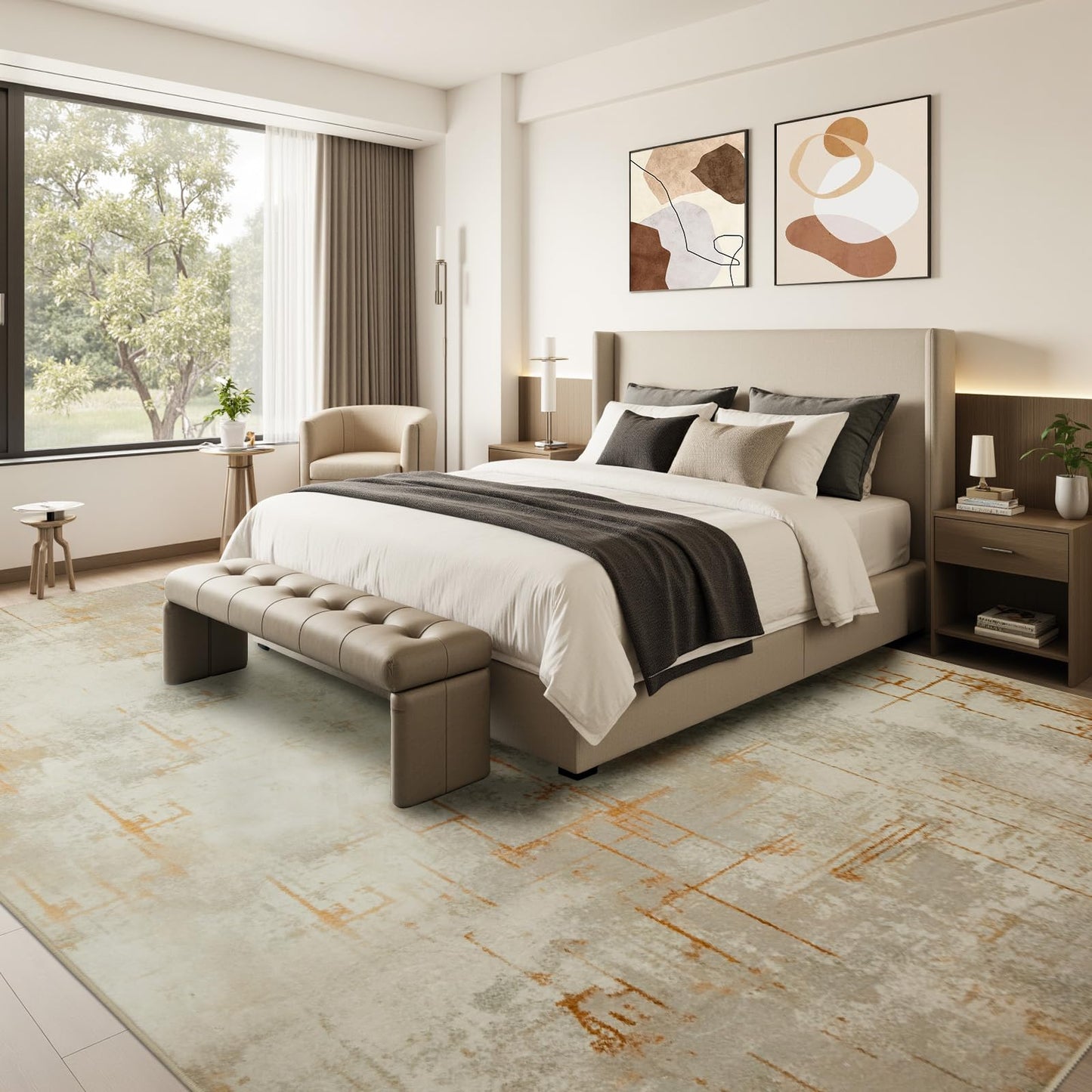 Joydeco 8x10 Area Rugs for Living Room, Washable Modern Abstract Non Slip Soft Rug, Low Pile Carpet for Bedroom, Dining Room, Home Office, Pet & Child Friendly, Light Brown & White & Beige