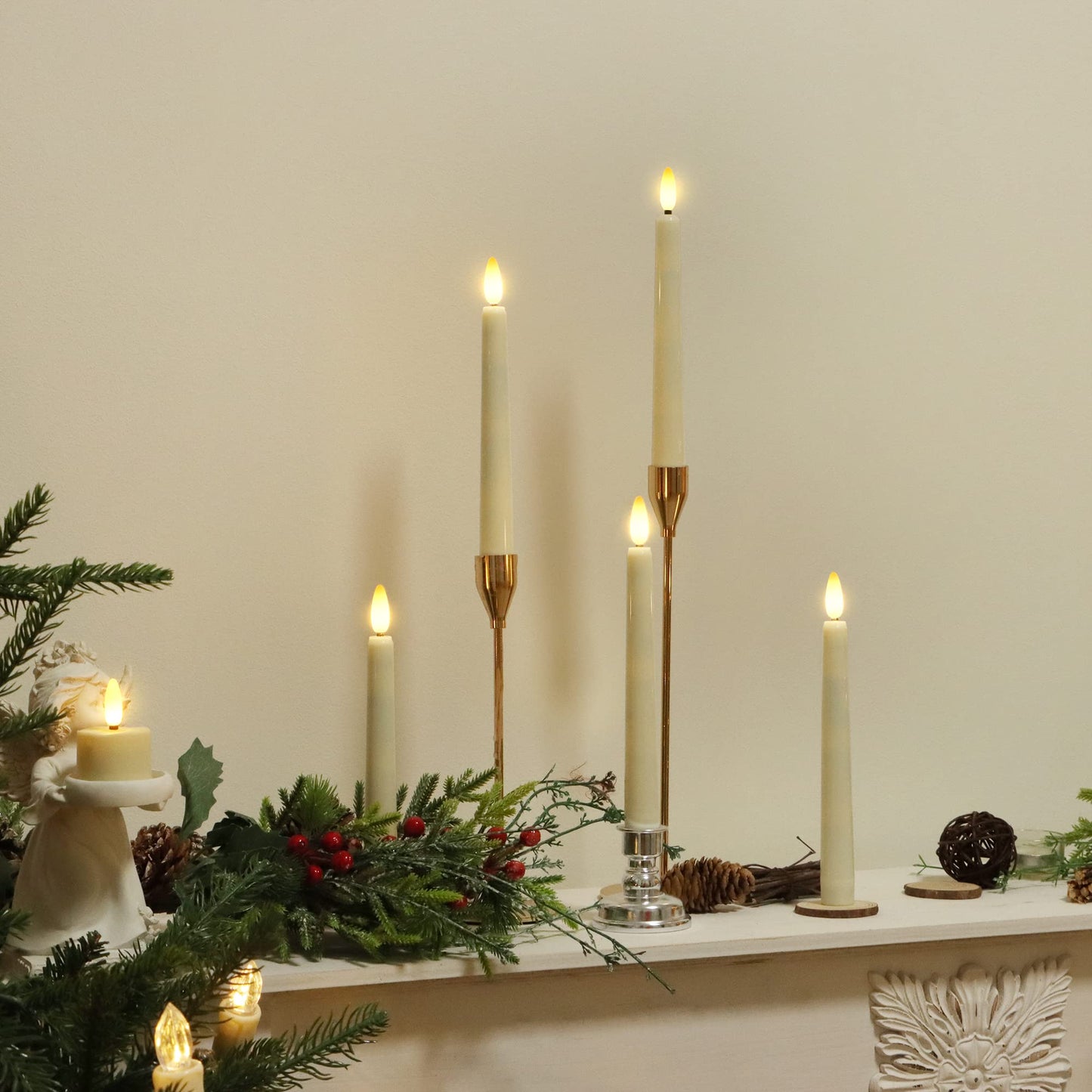 FPOO 8PCS Flameless Flickering Taper Candles with 2 Remote Control and Timer, 8 Inch 3D Wick Floating Flickering Flame, Battery Operated LED Window Candle Lights, Christmas Home Wedding Decor (Ivory)