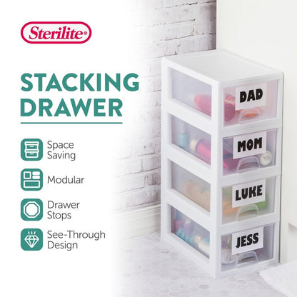 Sterilite 6-Pack Stacking Drawer, Clear Storage Closet Organizer, 6 Quart, White Frame - Stackable Plastic Drawers and Containers for Bedroom, Clothes, Dresser, Vanity, and Makeup Organization