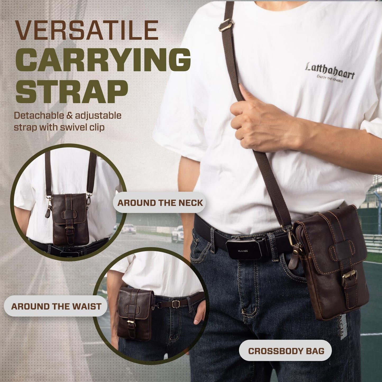 Hengwin Leather Crossbody Phone Purse for Men, Belt Pouch with Multi Pockets, Fits for 6.7" Smartphones, Small Messenger Bag Cell Phone Belt Holster Waist Bag for Travel, Hiking, Daily Use (Coffee)