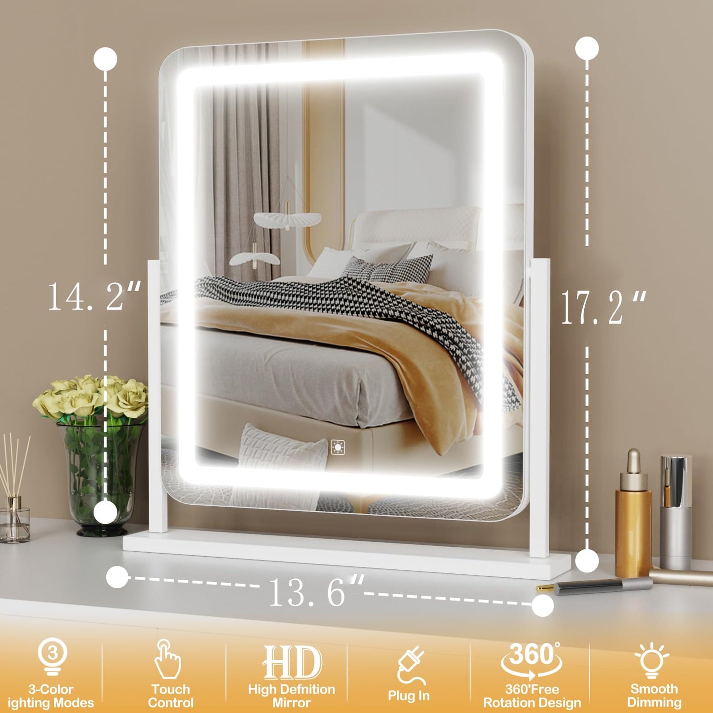 Makeup Vanity Mirror with Lights 15.2" Large LED Lighted Mirror, Hollywood Make Up Mirror with Lighting for Bedroom Tabletop, Smart Touch,Detachable 10X Magnification 360° Rotation, (White)