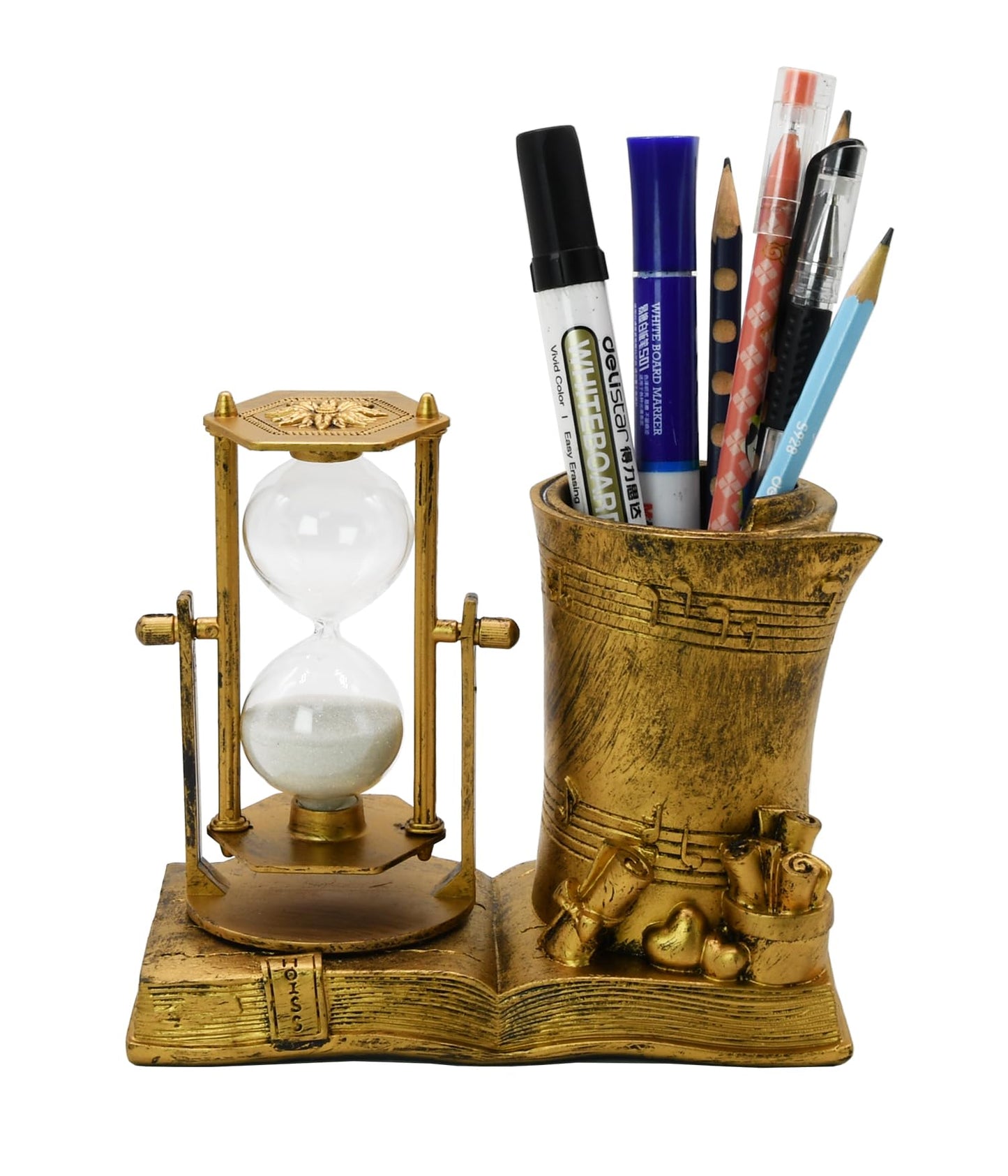 Music-Themed Pencil Holder with Hourglass, Resin Desktop Organizer for Office & Study, Pen Holder with Sand Timer, Classic Addition Scissors Storage, Artistic Accessory Gift