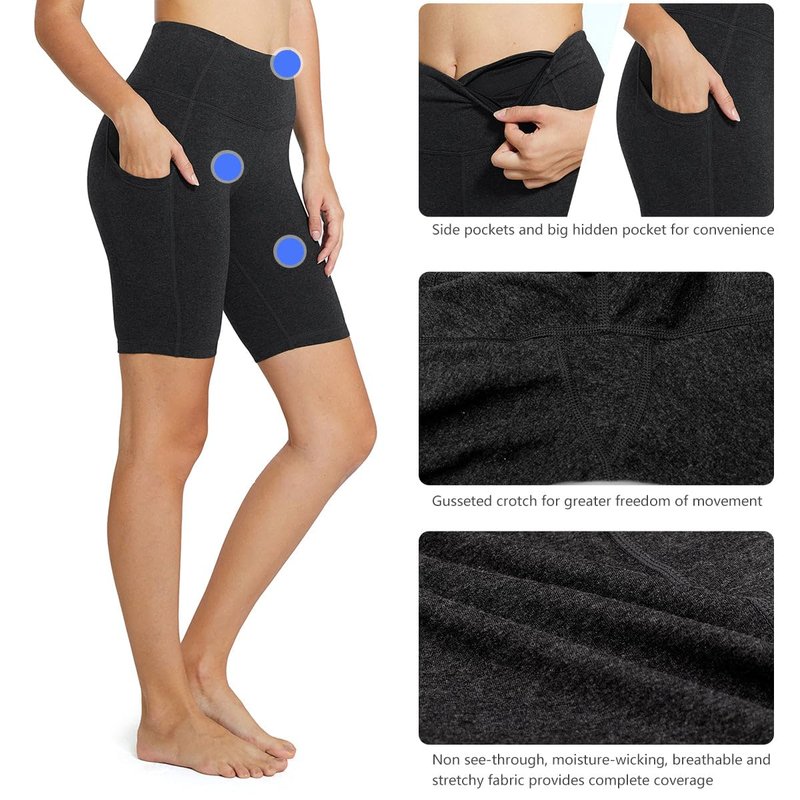 baleaf Biker Shorts Women Yoga Gym Workout Spandex Running Volleyball Tummy Control Compression with Pockets 8" 2-Pack Black/Charcoal XS