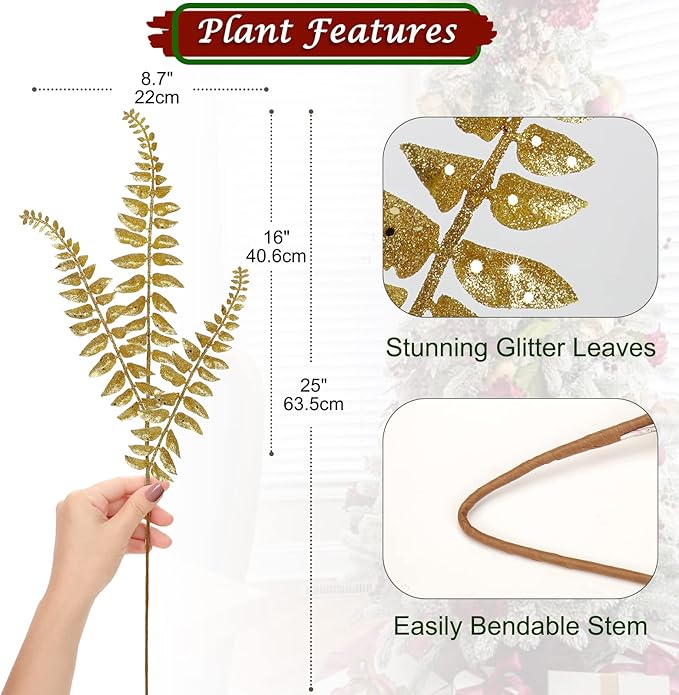 DILATATA 6Pcs Christmas Glitter Leaves Boston Fern Leaves 25" Artificial Gold Fern Leaf Picks Sprays Giltter Stems for Christmas Tree DIY Xmas Wreath Garland Home Decor - Gold