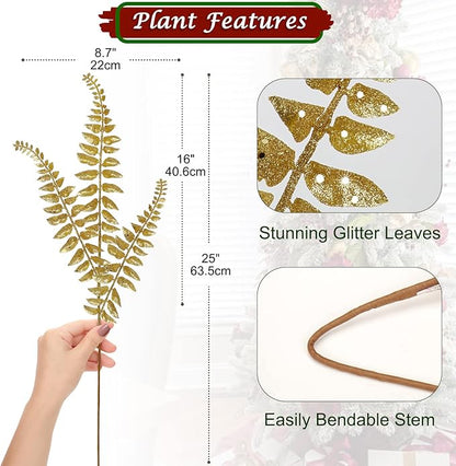 DILATATA 6Pcs Christmas Glitter Leaves Boston Fern Leaves 25" Artificial Gold Fern Leaf Picks Sprays Giltter Stems for Christmas Tree DIY Xmas Wreath Garland Home Decor - Gold
