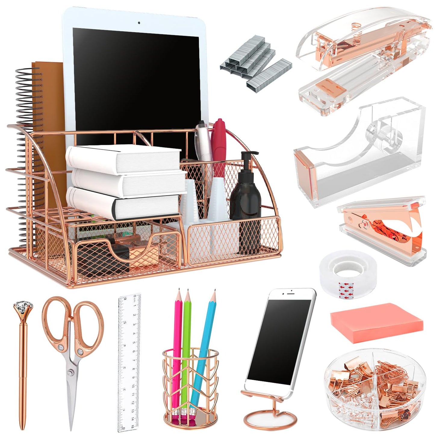 YOLOZAI Office Desk Organizers, Rose Gold 13PCS Office Supplies and Accessories Desk organizer, Acrylic Stapler, Staple Remover, Clips, Scissor, Phone Holder, Pen, Pen Holder (Rose Gold)