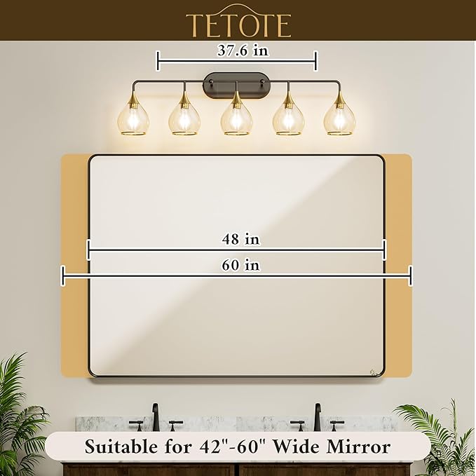 TETOTE 5-Light Modern Bathroom Light Fixtures, Over Mirror Black & Gold Wall Lamp with Clear Glass