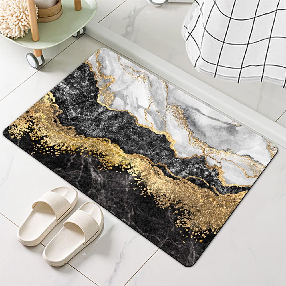 ZHUZHISHAN Diatomaceous Earth Bath Mat,Black White Gray Gold Marble Non-Slip Volume Super Absorbent Fast Drying for Bathroom Kitchen Door mat,Eco-Friendly Easy to Clean 16×24Inch (40 * 60cm)