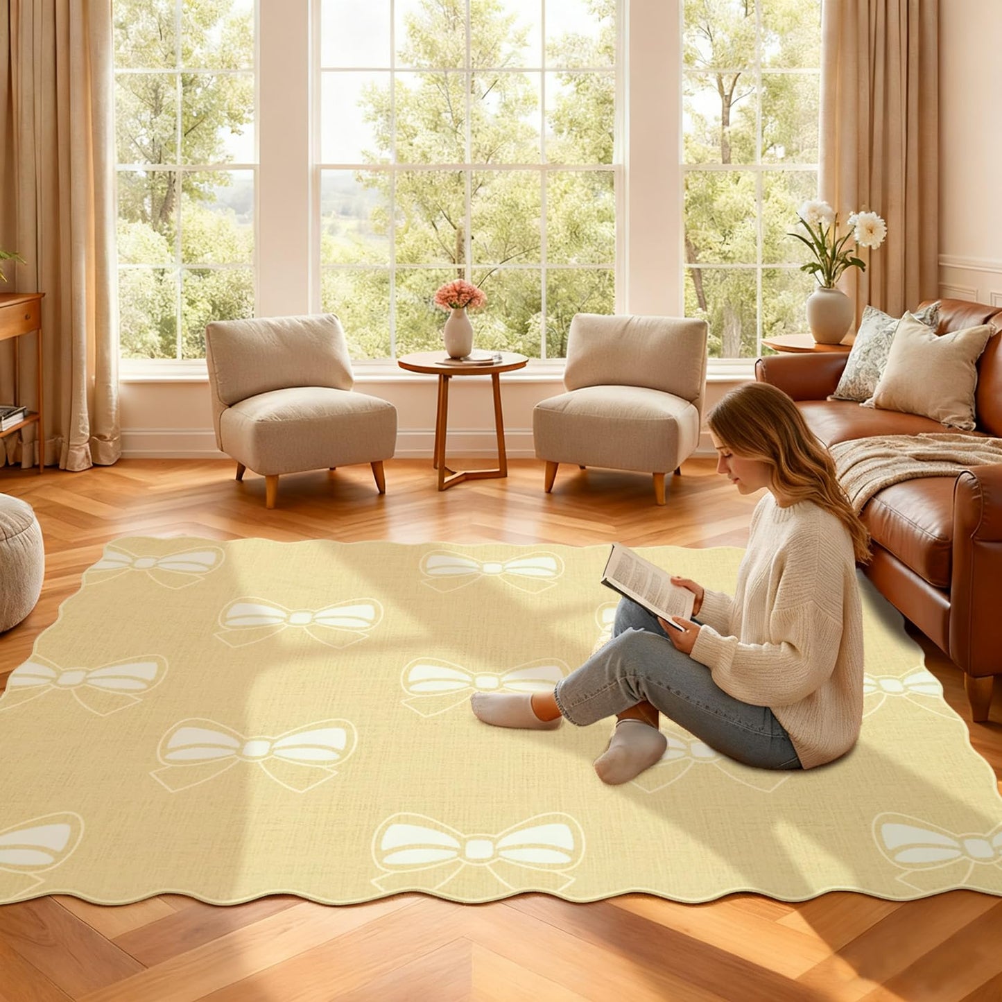 Bow Area Rug for Living Room, Soft Solid Low Pile Carpet for Dorm,Large Cute Washable Rugs 4x6 Soft Low Pile Non Slip Scalloped Rugs for Playroom College Bedroom Girls Room Decor