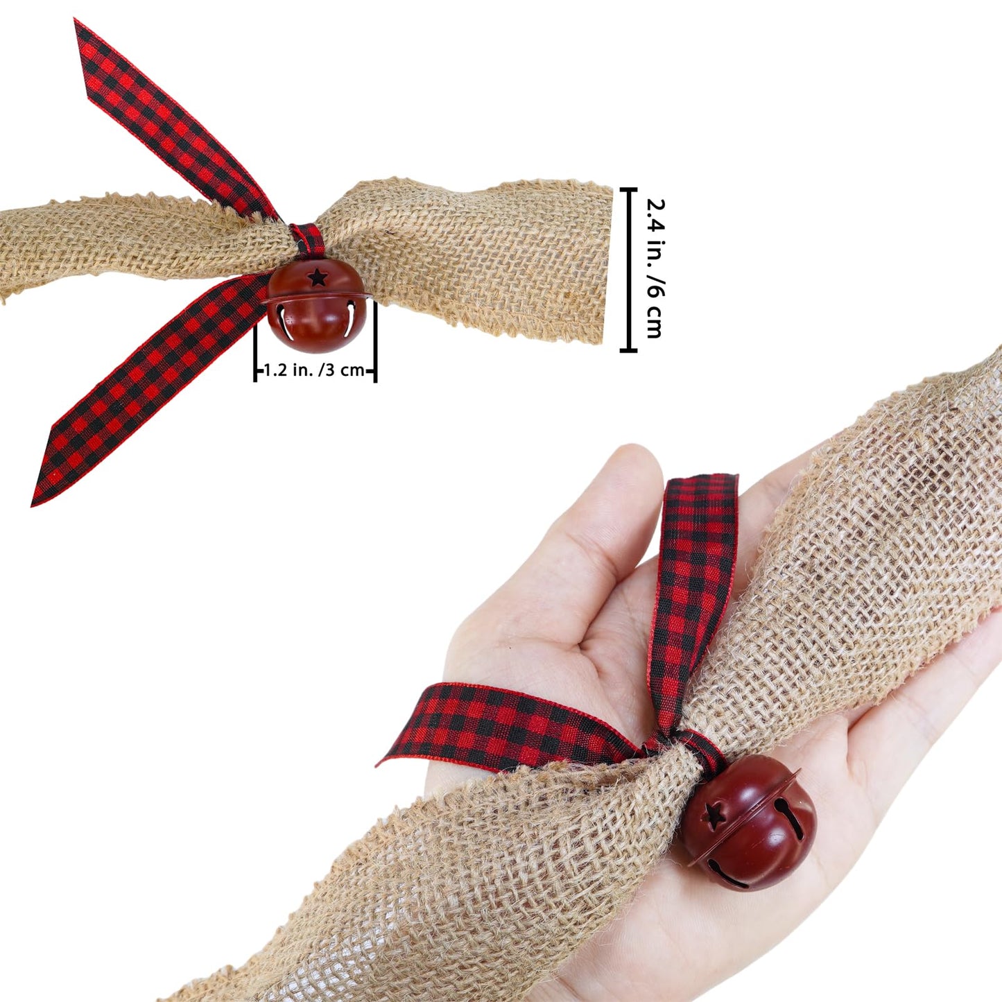 Winlyn Rustic Sleigh Bell Garland - 6 Yards Burlap with Buffalo Plaid Ribbon - Metal Jingle Bells - Farmhouse Christmas Tree & Banister Mantel Decoration