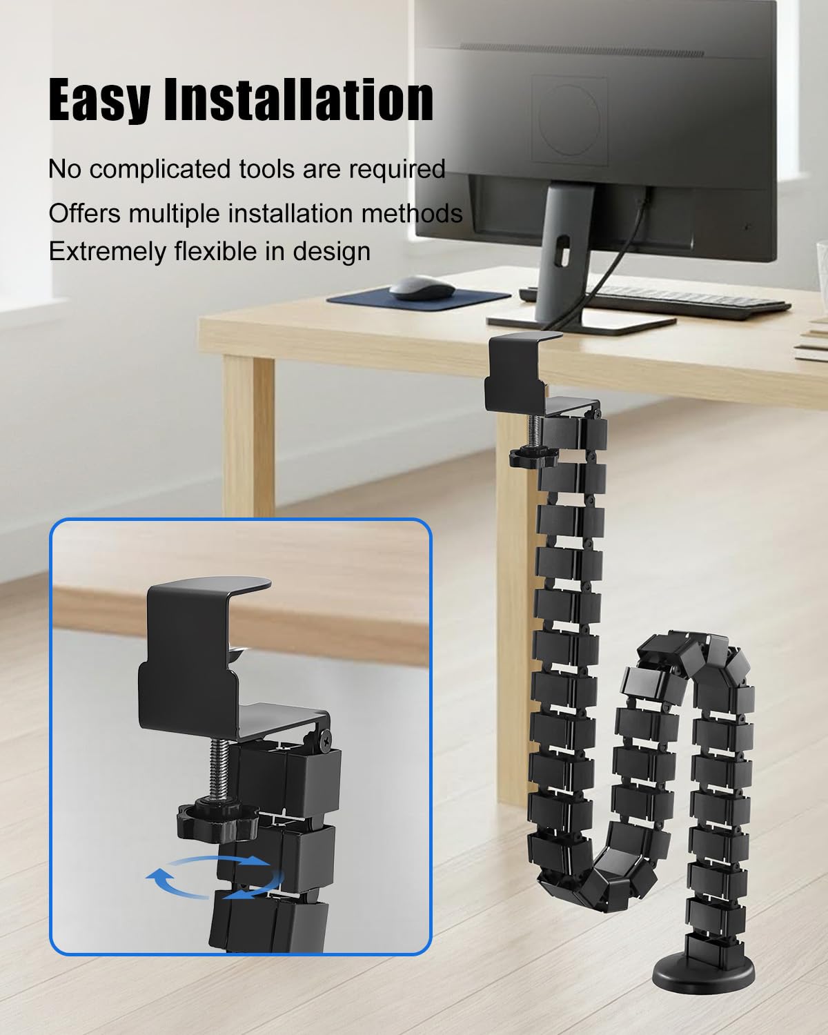 Desk Vertebrae Cable Management Kit, Adjustable Quad Entry Flexible Cord Organizer for Sit Stand Desk, No Drill Clamp-On Under Desk Modular Cable Control with Steel Base