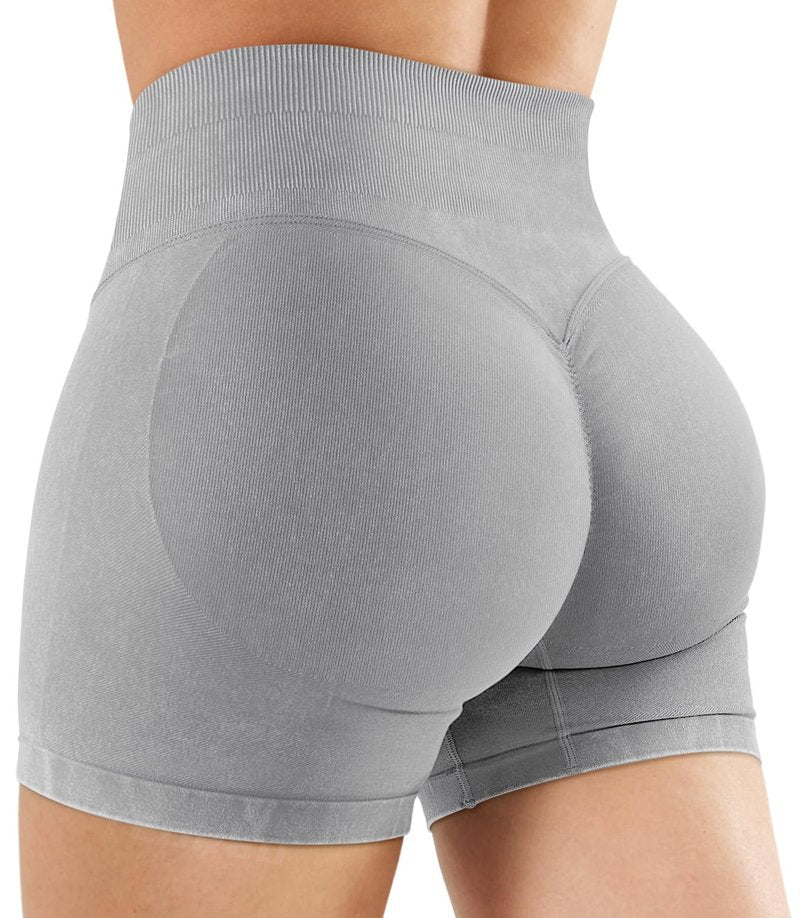 YEOREO Women's Workout Gym Shorts 4.5" Colinne Butt Lifting Hidden Scrunch Seamless Impact Booty Biker Shorts Light Gray