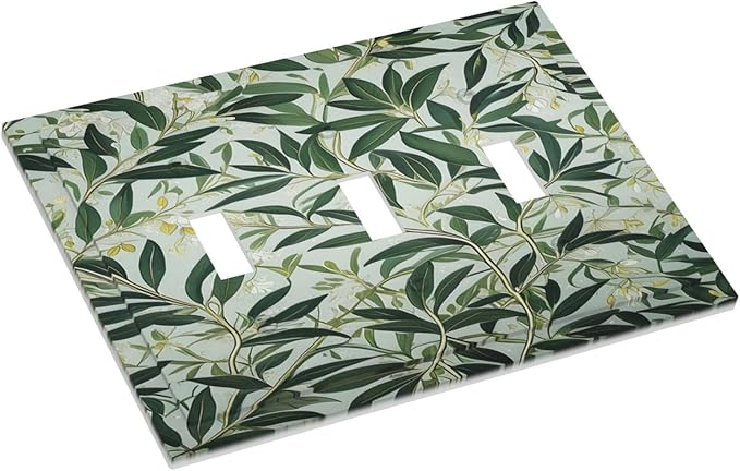 Sage Eucalyptus Leaves Foliage Light Switch Covers 3 Gang Triple Toggle Wall Plate Decorative Switchplate Electrical Faceplate for Farmhouse Living Decor