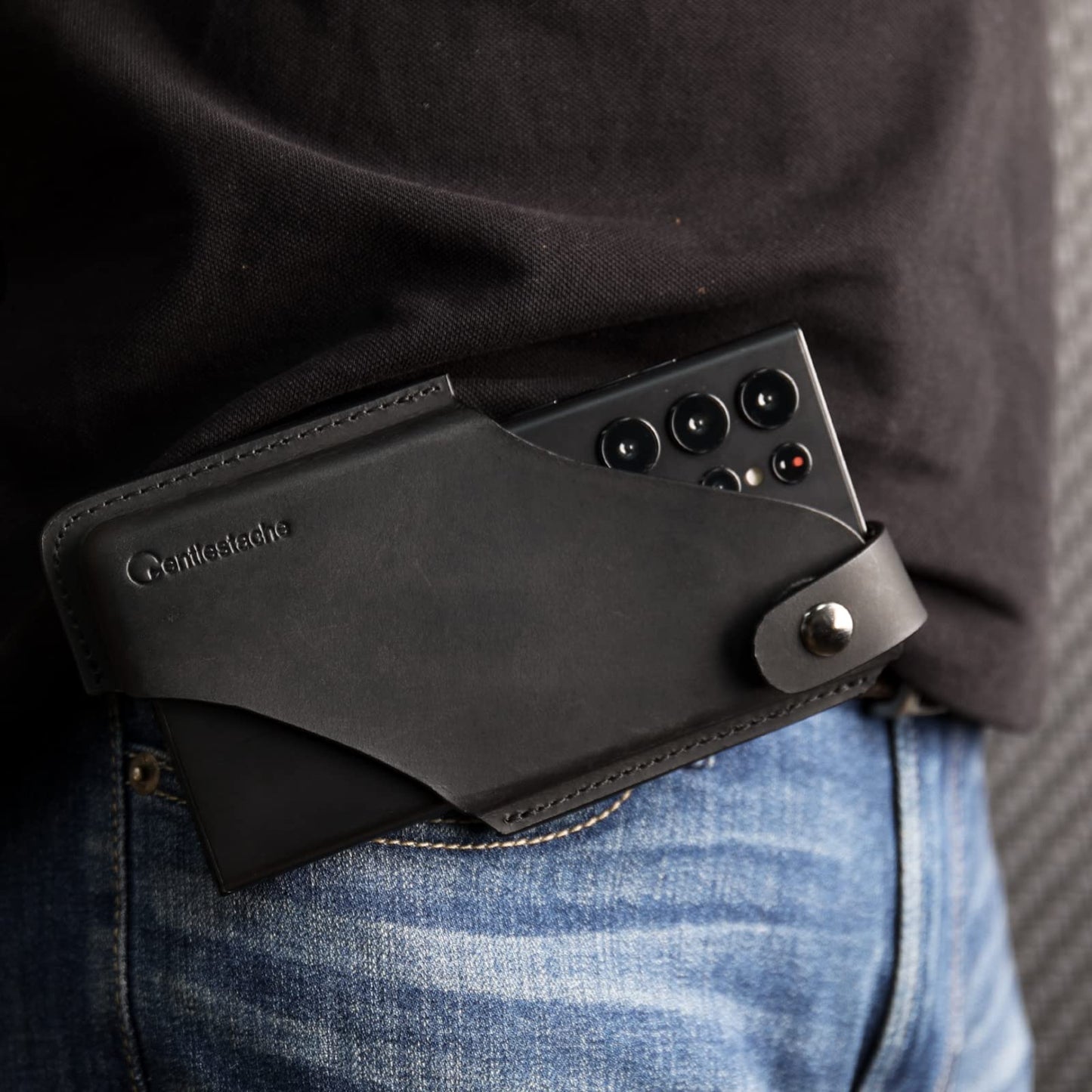 Gentlestache Leather Cell Phone Holster with Belt Clip,Leather Phone Pouch for iPhone Samsung Motorola,Belt Case with Belt Loops,Leather Phone Case on Belt,Cell Phone Sheath,Large Size,Black