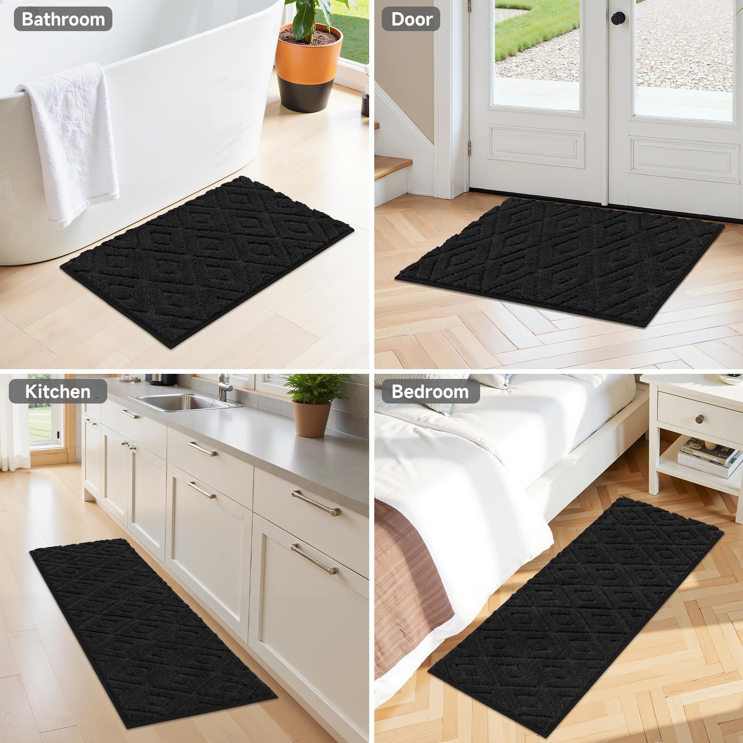 Bsmathom Bathroom Rugs Sets 3 Piece, Microfiber Shaggy Bath Mat Set, Ultra Soft Non-Slip Bath Rugs with U-Shaped Contour Toilet Mat for Bathroom, Tub, Shower Washable Carpets Set, Black