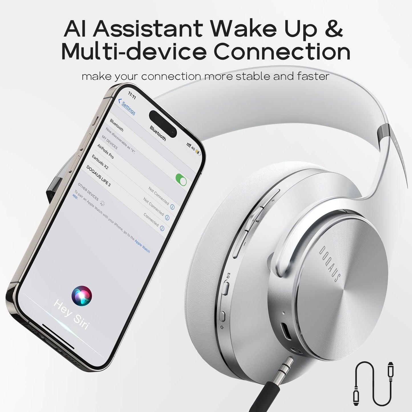 DOQAUS Bluetooth Headphones Over Ear, 90H Playtime, 3 EQ Modes, HiFi Audio, ENC Mic, Reinforced Durable Frame & Soft Earpads for Extended Wear, Phone, PC, Travel
