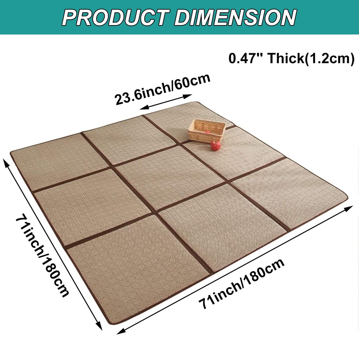 MYOYAY Large Japanese Tatami Mat 71x 71in Summer Breathable Sleeping Mat Foldable Rattan Floor Mat Non-Slip Memory Foam Stitching Carpet Mats Living Room Bedroom Playroom Yoga (Brown)