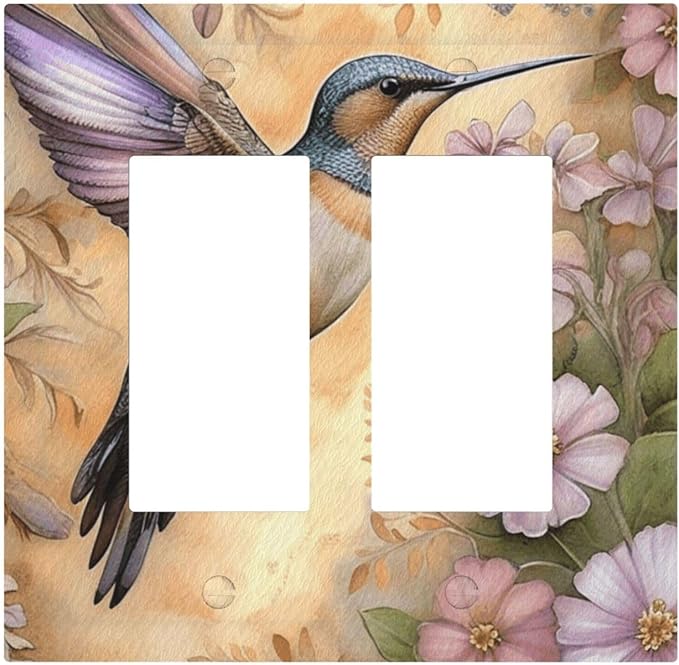 Decorative Art Light Switch Covers Blossom & Hummingbird 2 Gang Dual Rocker Outlet Switch plate Faceplate GFCI for Home Decor